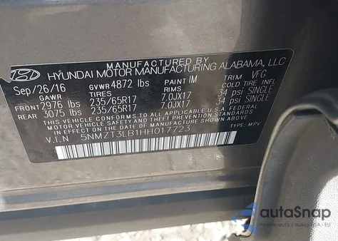 2017 Hyundai Santa Fe Sport 2.4L z USA, uszkodzony, nr VIN 5NMZT3LB1HH017723